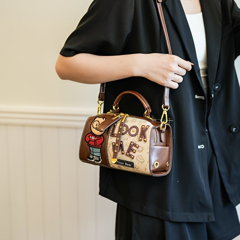 Vintage Cartoon Bear Print PU Leather Shoulder Bag with Embroidered Detail, Removable Strap, Zipper Closure, Polyester Lined, Animal Print Design, Edge Painted Boston Handbag